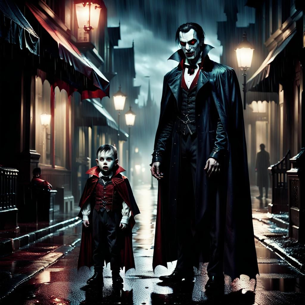 Vampire and Son in Rainy Dark Fantasy Art