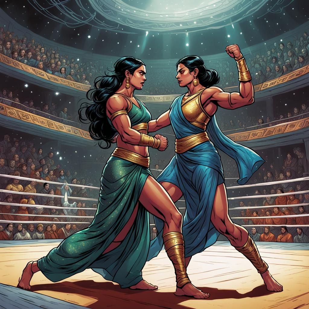Queen and Commoner Wrestling in Arena: Comic Book Art