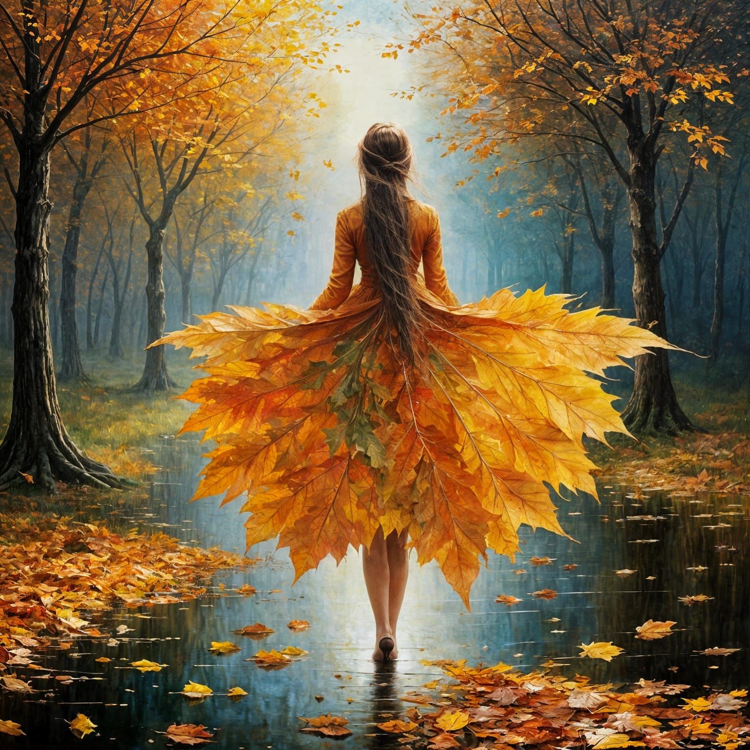Autumn Leaf Woman in Expressive Oil Painting Style