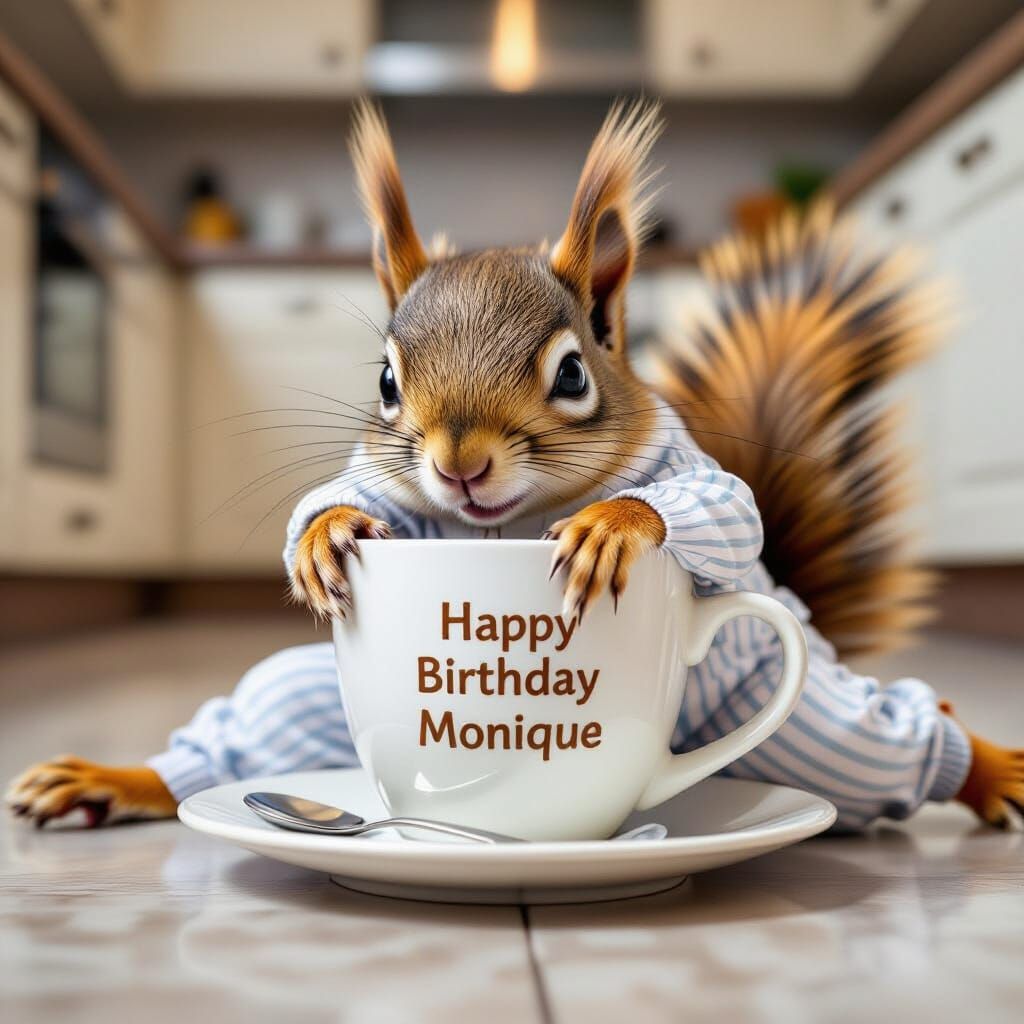Cute Squirrel in Pajamas Resting on Coffee Cup