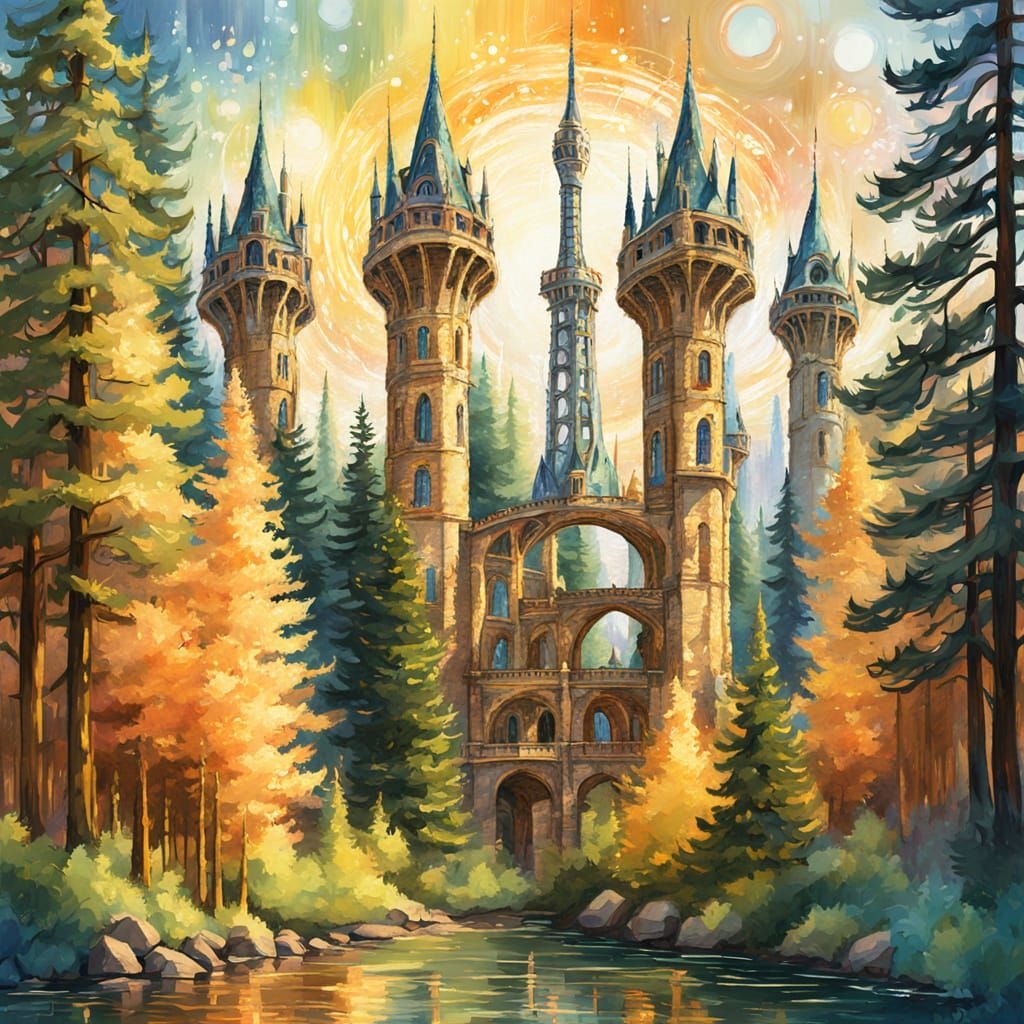 Impressionist Towers Connected by Arcs in Forest