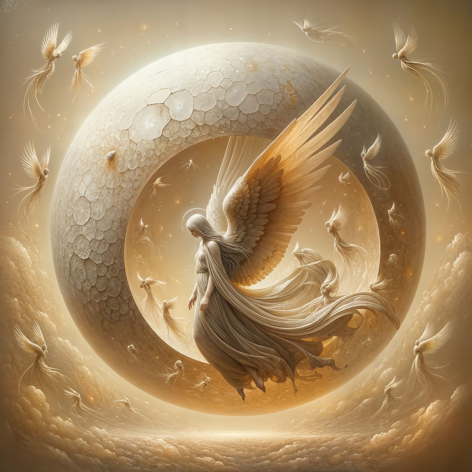 Surrealistic Celestial Scene with Angelic Figure and Delicat...