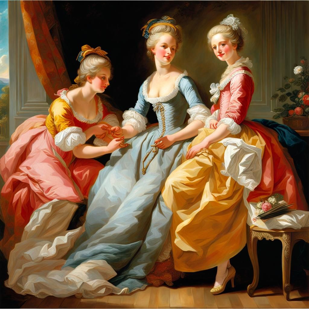 Princess and Servant in Fragonard-Style Oil Painting