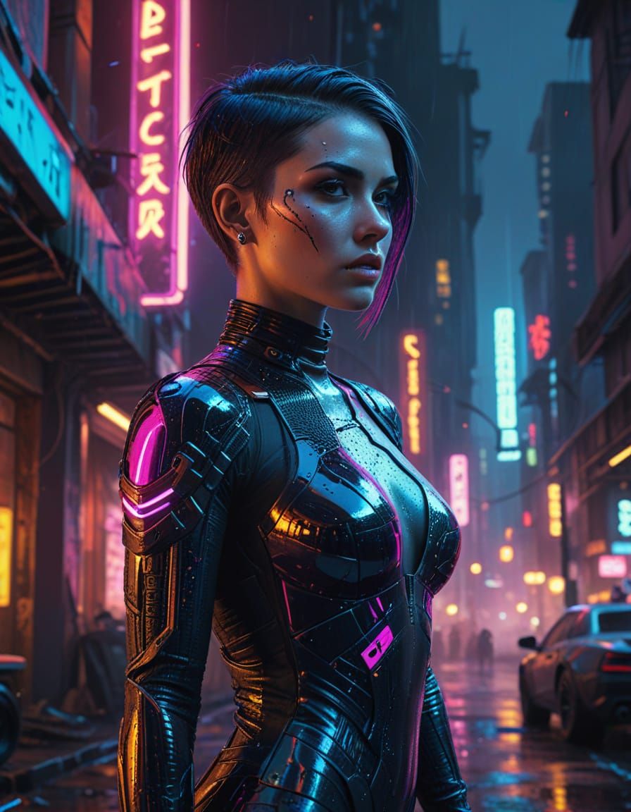 Confident Woman in Futuristic City at Dusk