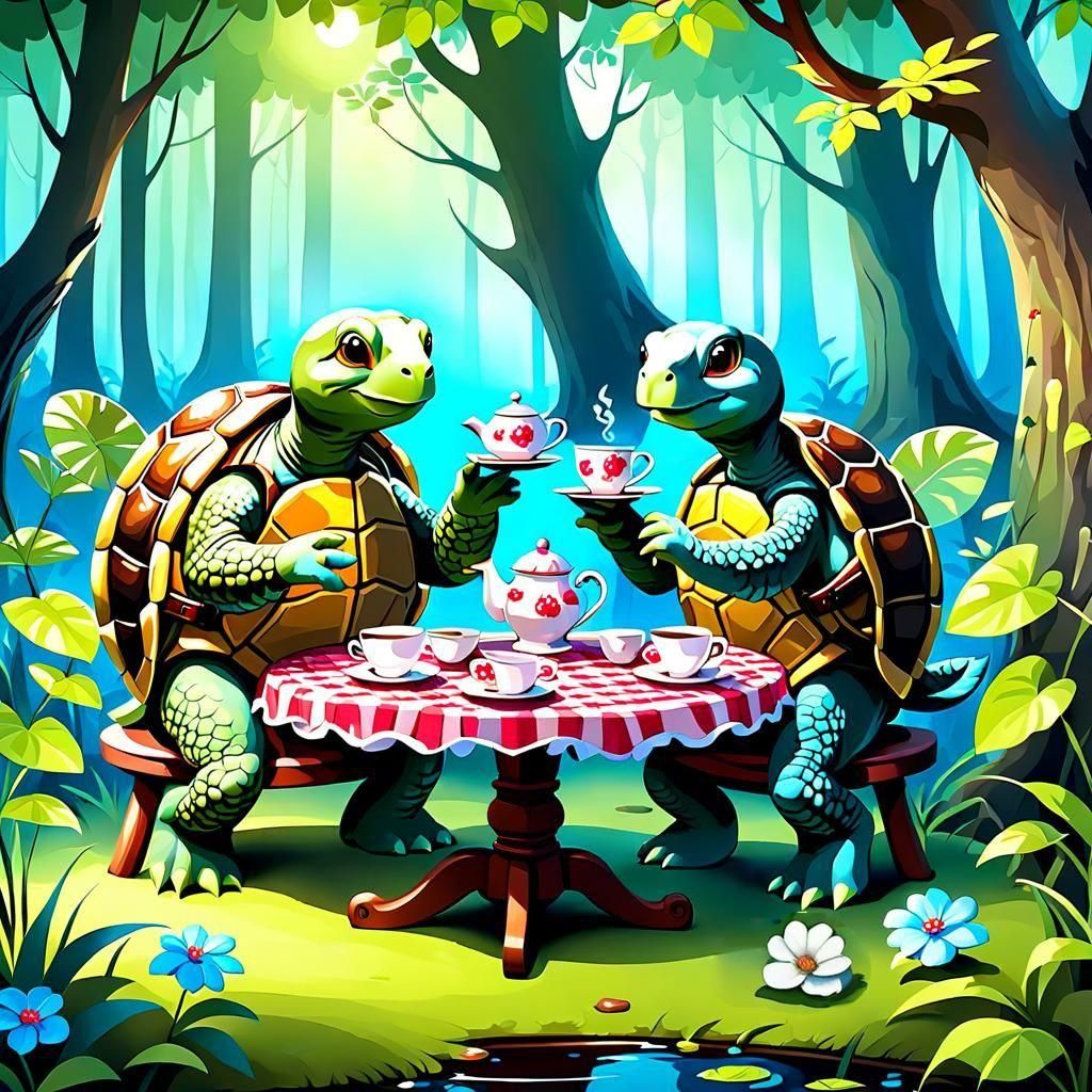 Turtles' Adorable Tea Party in Romantic Forest