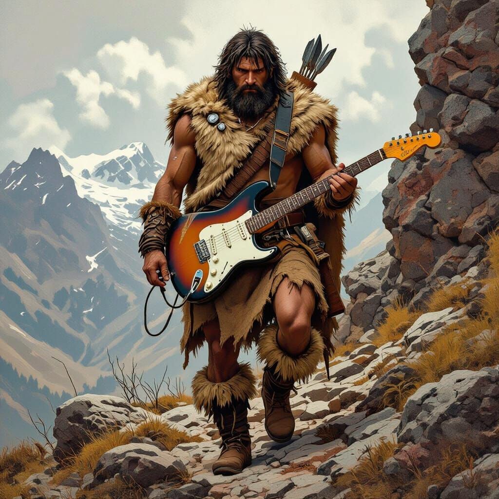 Stone Age Man Hiking with Stratocaster Guitar