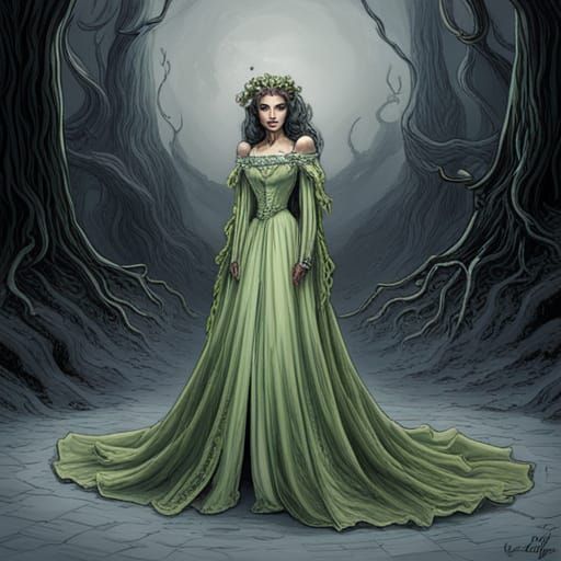 Green Fantasy Wedding Dress in Dark Engraving Style