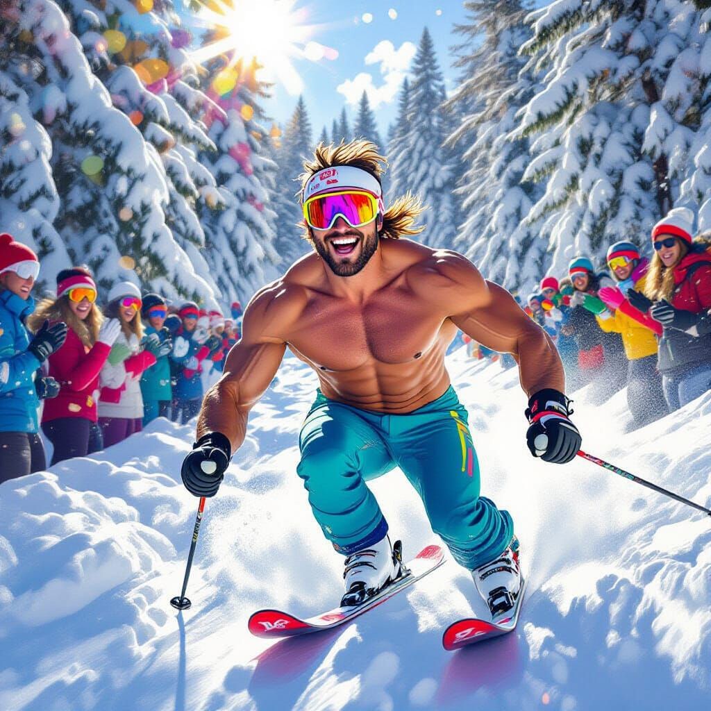 Retro Skier in Neon Gear on Snowy Trail