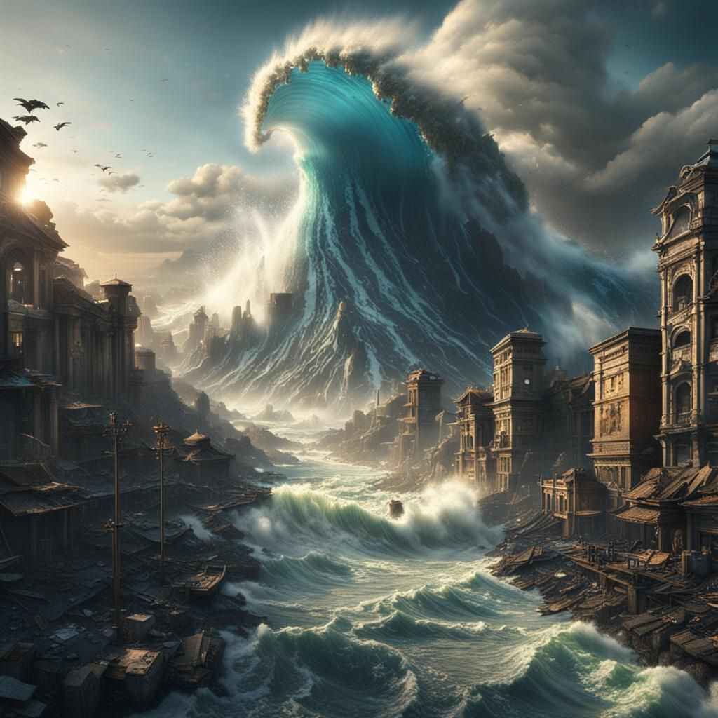 Tsunami Over City: Detailed Matte Painting