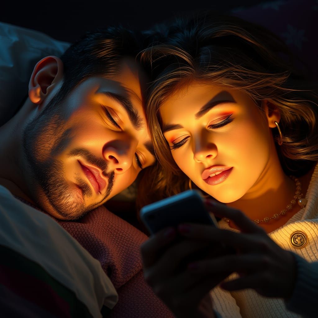Intimate Moment: Wife Texting Beside Sleeping Husband