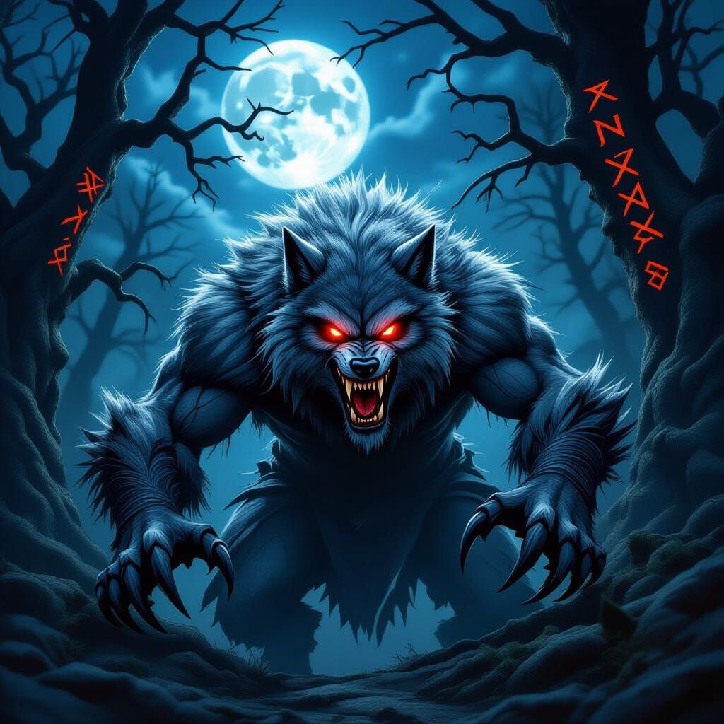 Fearsome Vukodlak in Dark Forest Under Full Moon