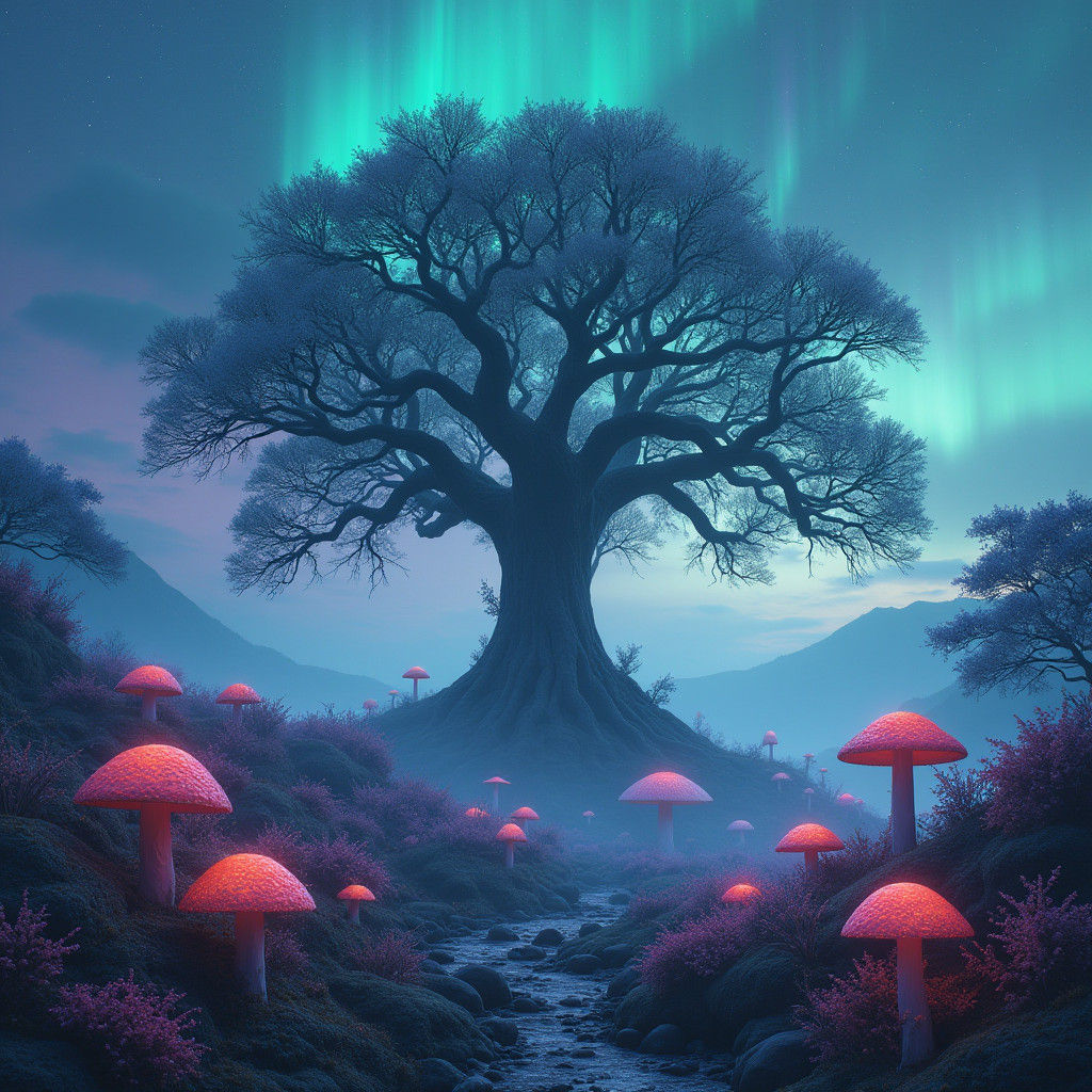 Mystical Tree of Life in Ethereal Landscape