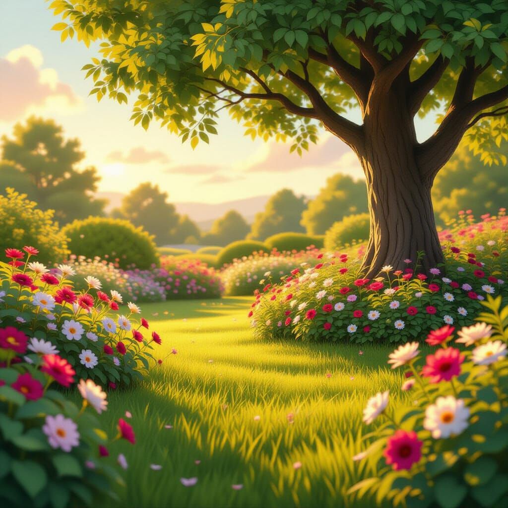 Vibrant Anime Garden with Majestic Tree in Golden Hour Light