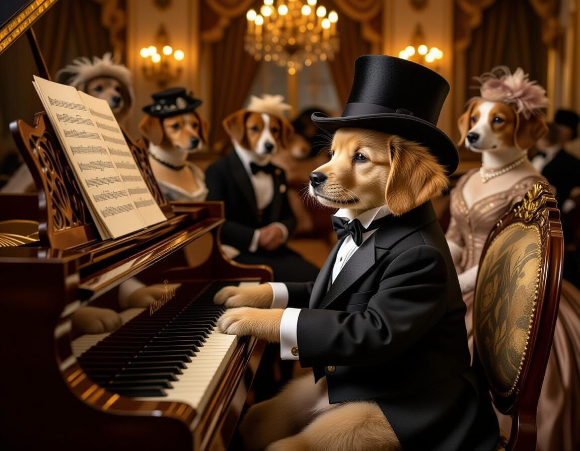 Puppy Plays Piano in Lavish Ballroom, Rembrandt Lighting
