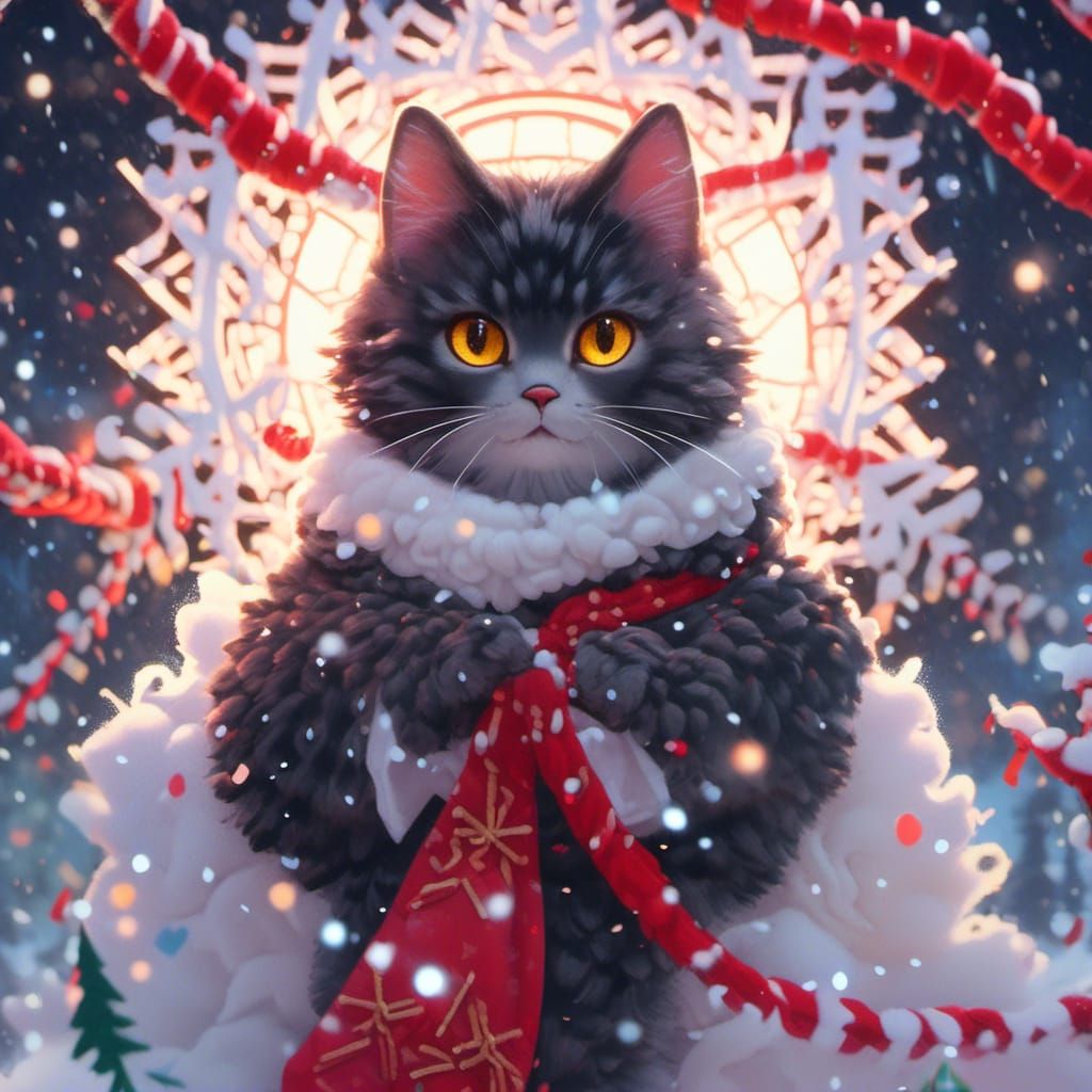 Black Kitten in Snow with Red Scarf