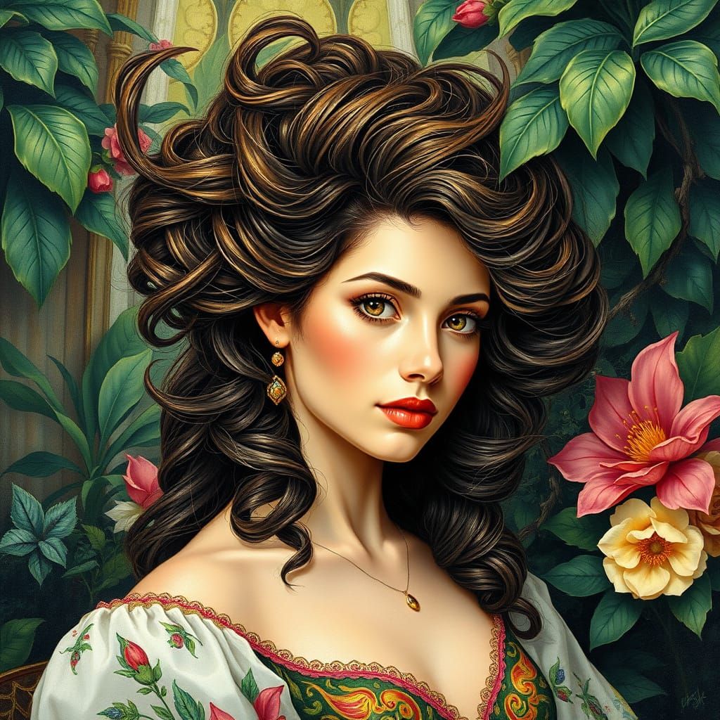 Elegant Woman in Garden, Art Nouveau Style