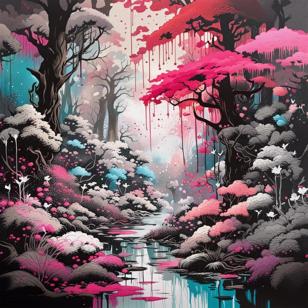 Fairy Forest in Monochromatic Japanese Graffiti Art