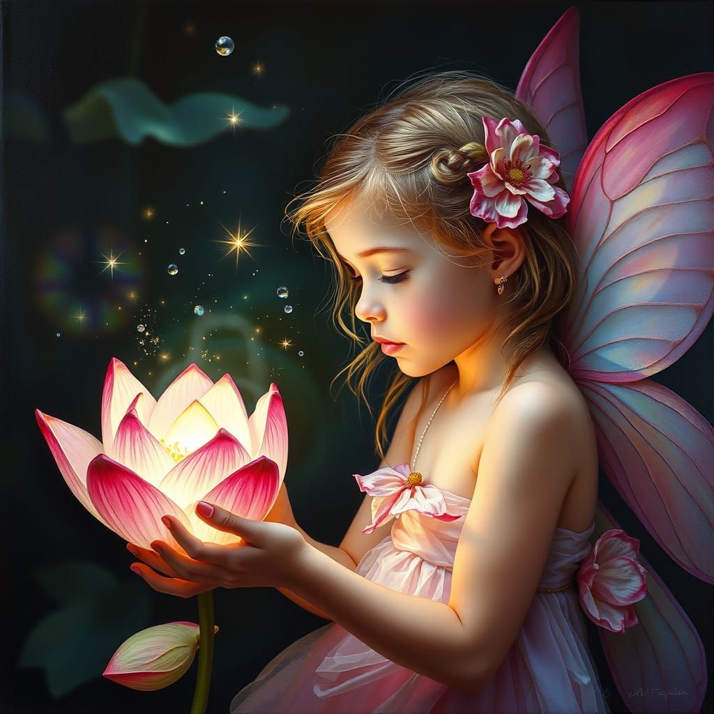 Hyper-Realistic Fairy in Lotus Blossom, Inspired by Oil Pain...