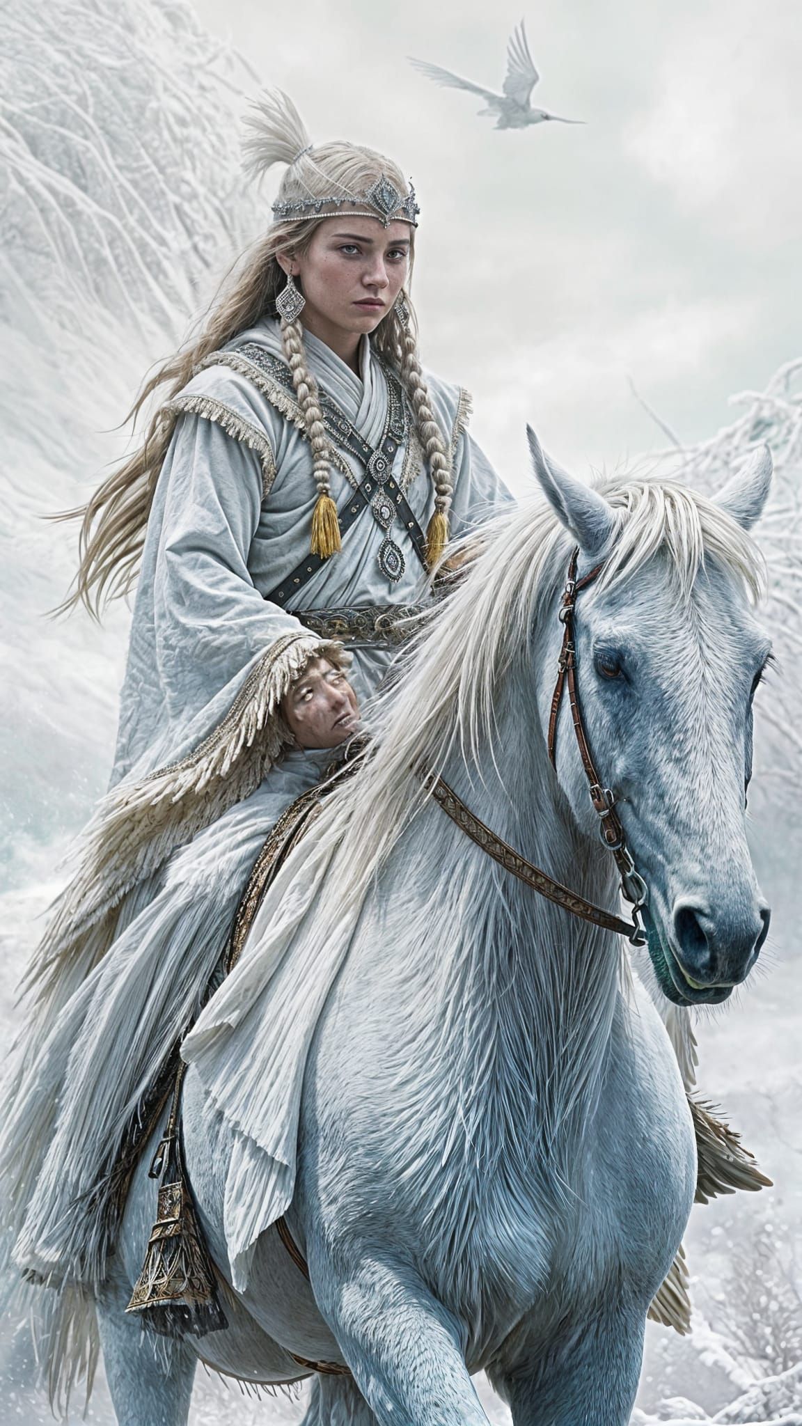 Barbaric warrior clad in flowing white garments, adorned with snowy owl feathers