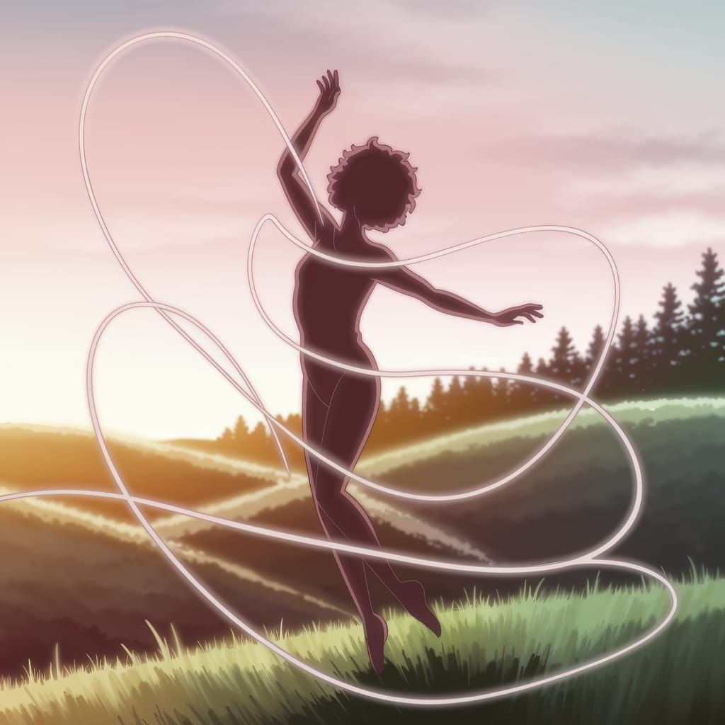 Anime Figure Silhouetted by a Flowing White Rope at Sunset