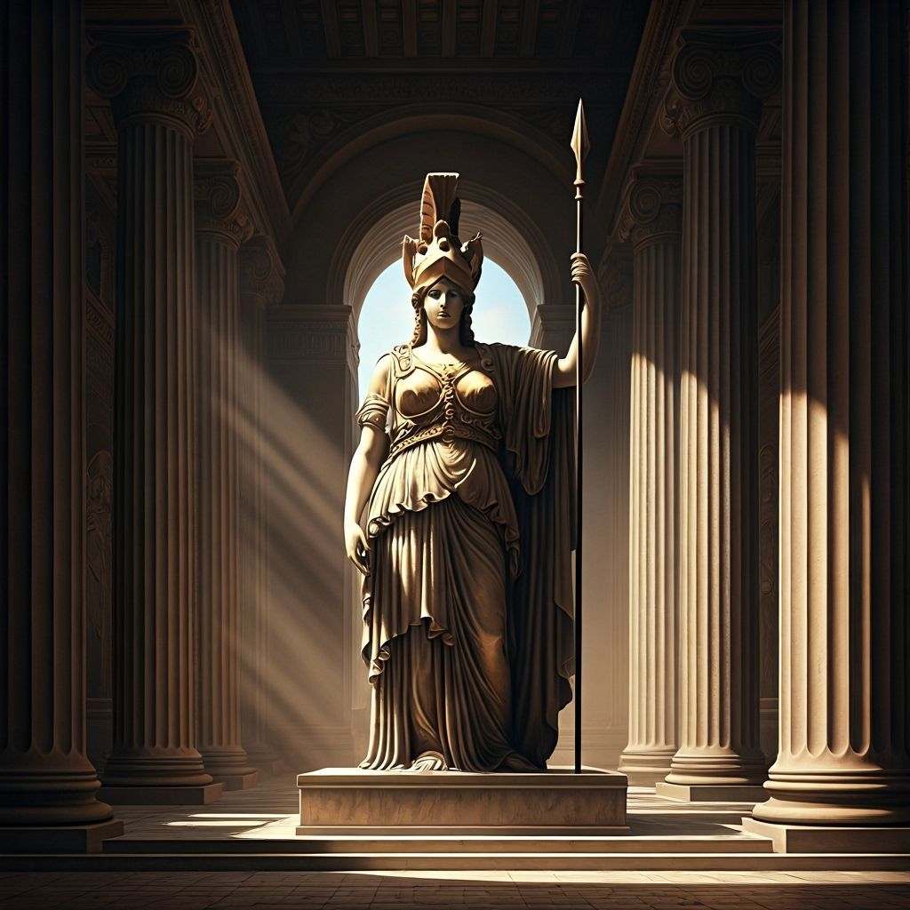 Athena Statue in Sunlit Ancient Greek Temple Painting
