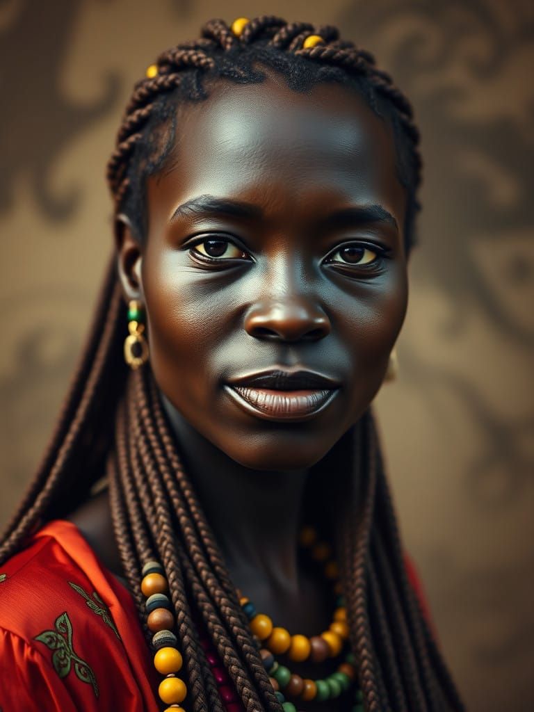 African Woman with Vibrant Braids and Beads in a Smoky Lands...