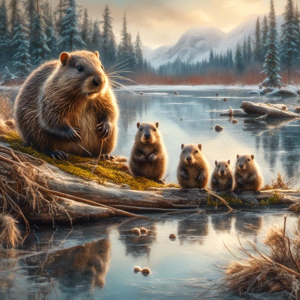 Beaver Family on Frozen Lake in Vintage Style