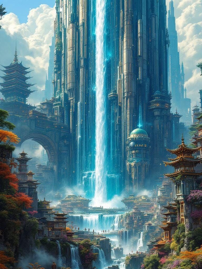 Waterfall Cascading Down Skyscraper in Futuristic Cityscape