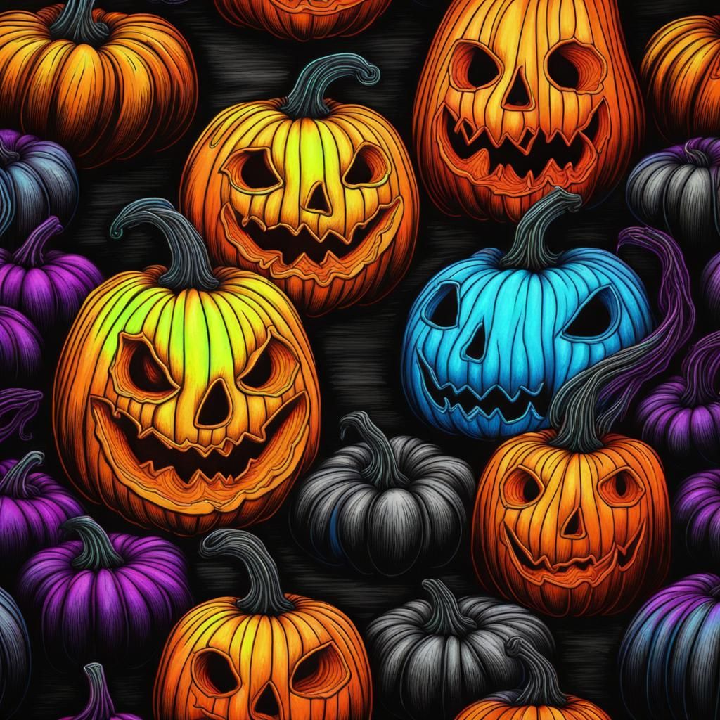 Blacklight Pumpkins in Neon Charcoal Drawing