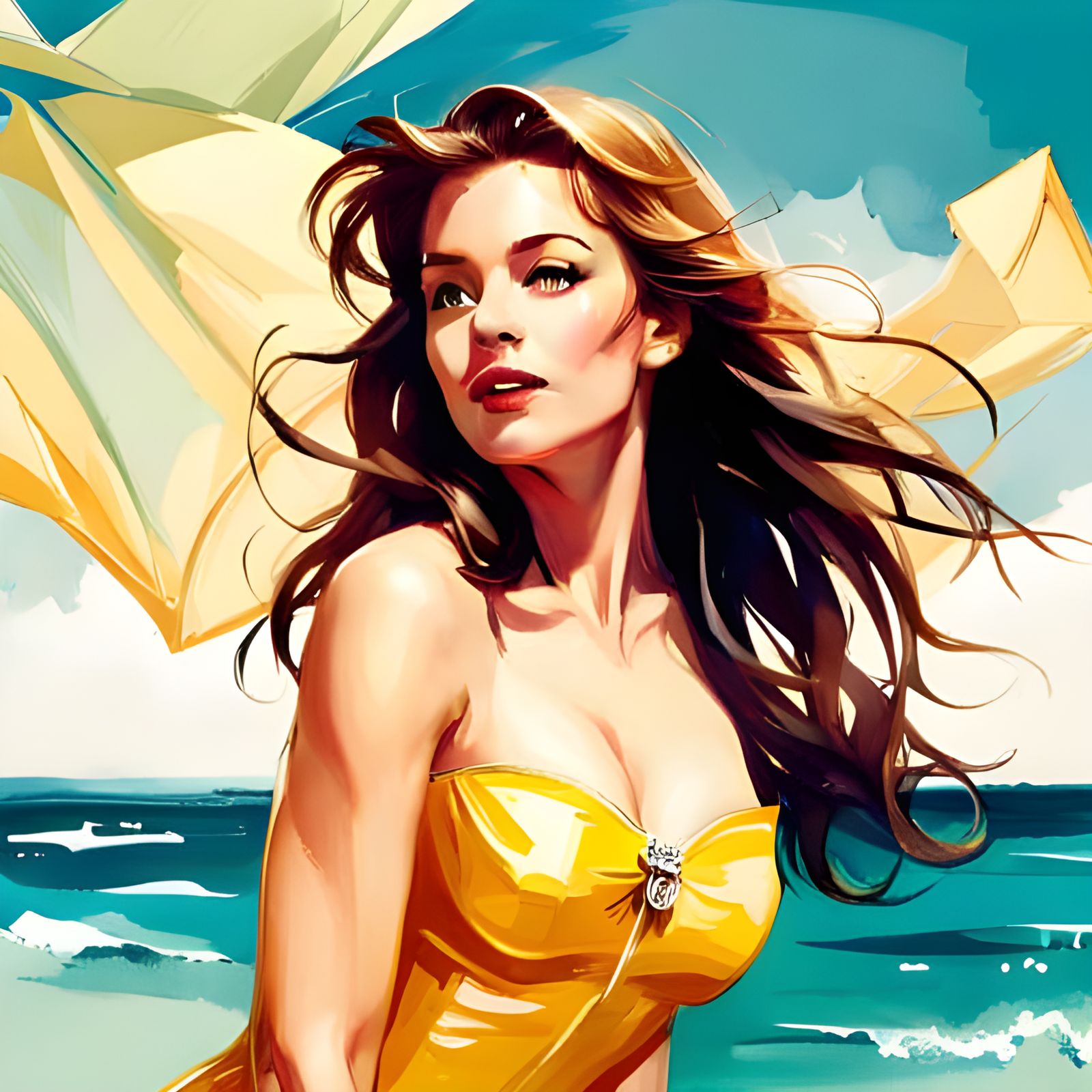 Belle in Yellow Swimsuit: Pin-Up Beach Art