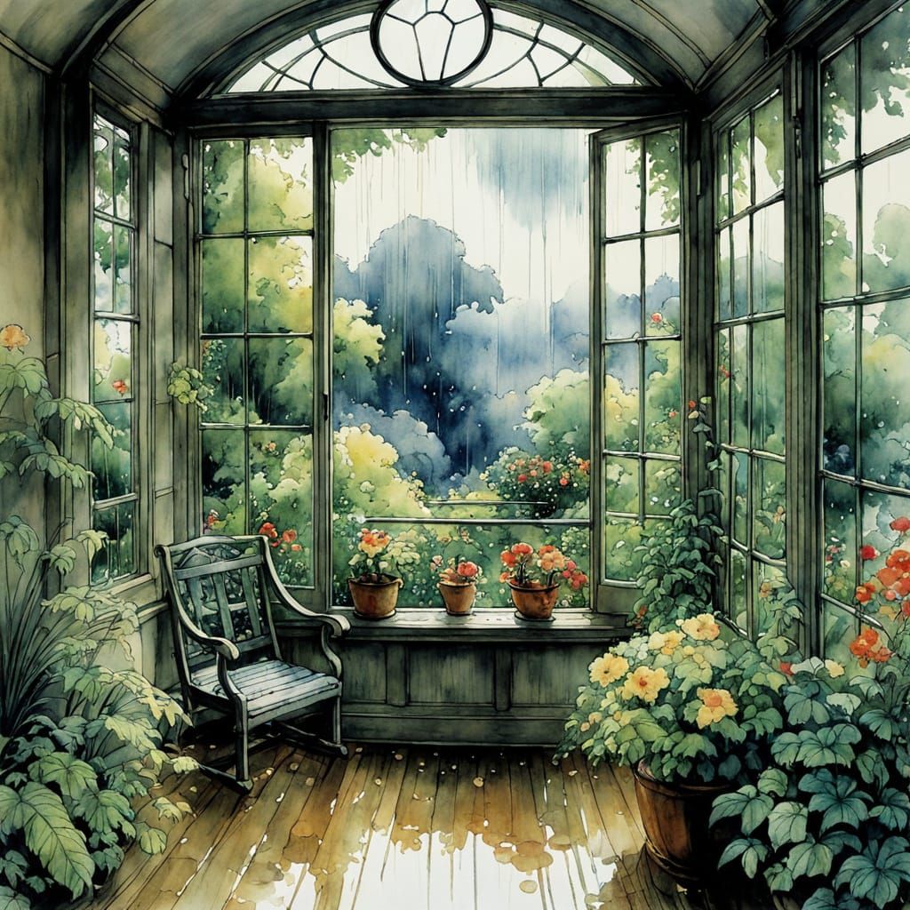 Summer Rain Window in Anime Watercolor Style