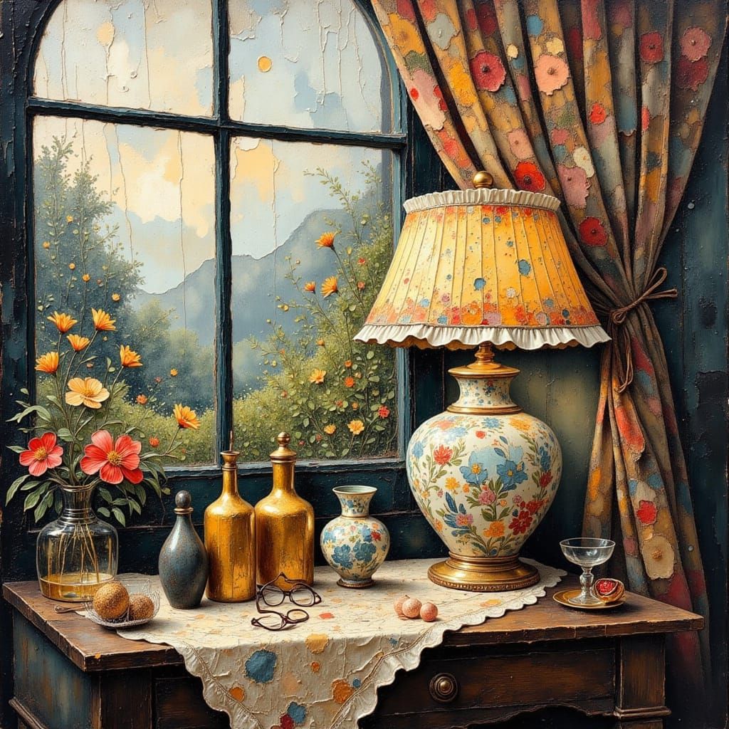 Impasto Oil Painting of a Worn Ceramic Lamp in English Garde...