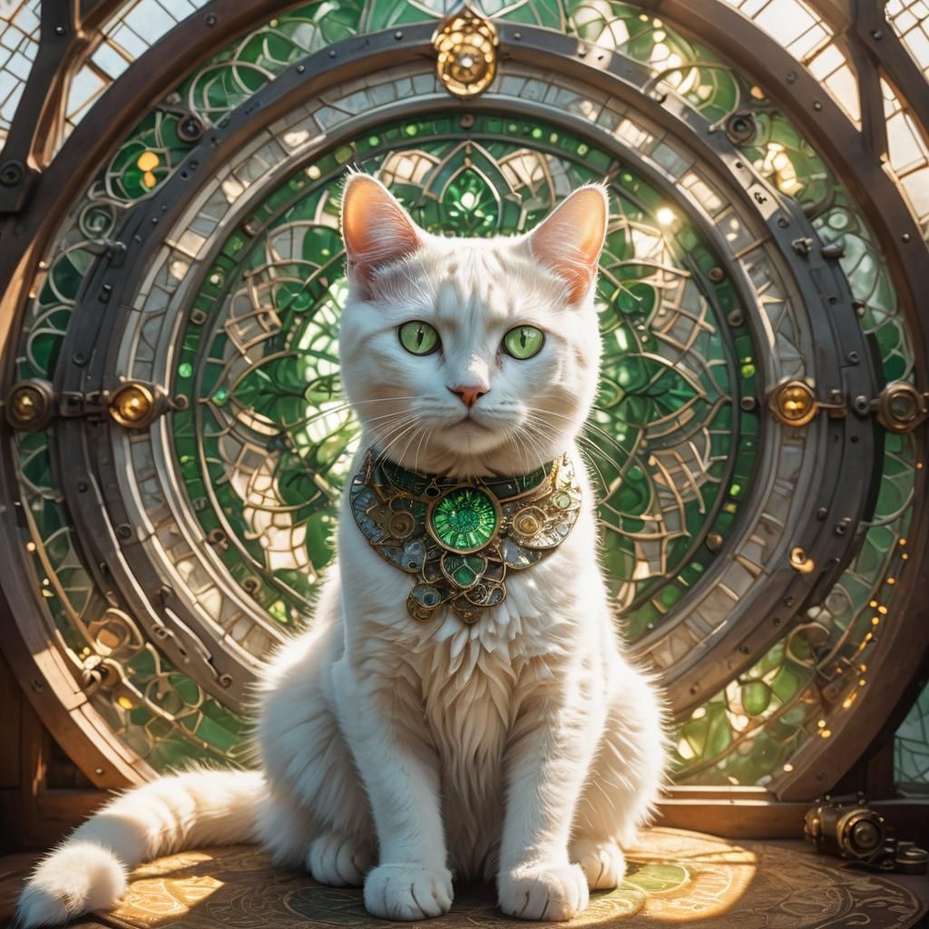 White Cat Gazing Through Steampunk Mandala Window