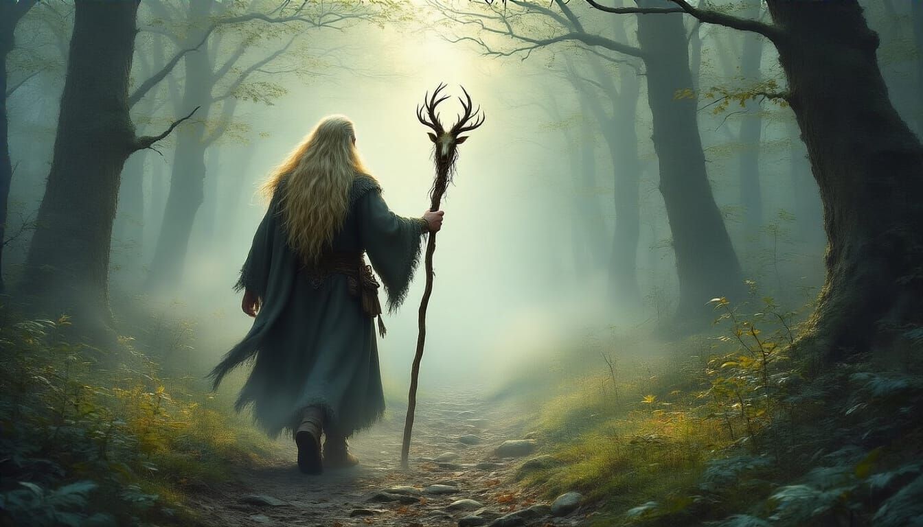 Blonde Druid Wanders Mystical Forest with Ram Skull Staff