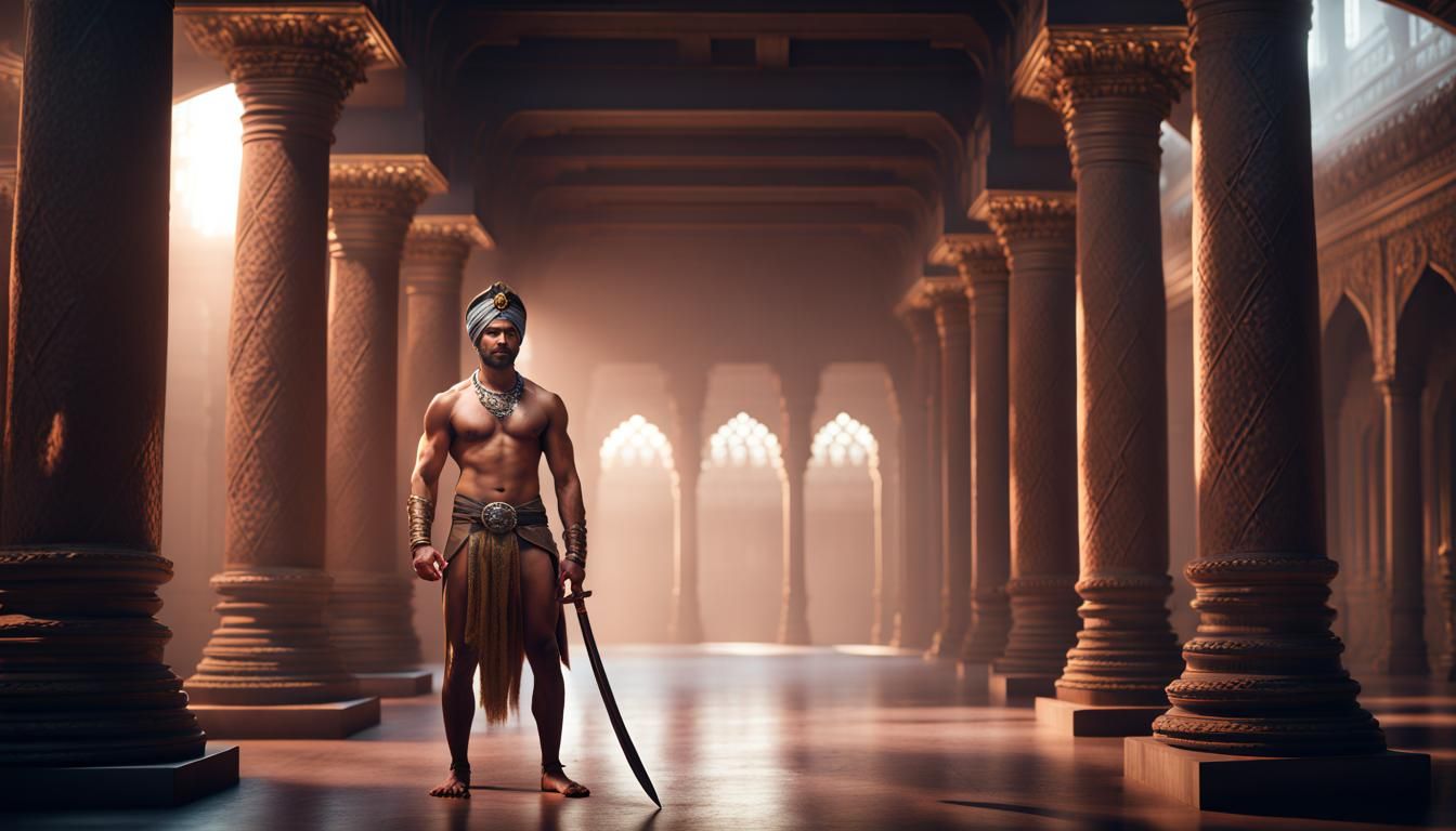 Indian King with Sword in Dark Hallway