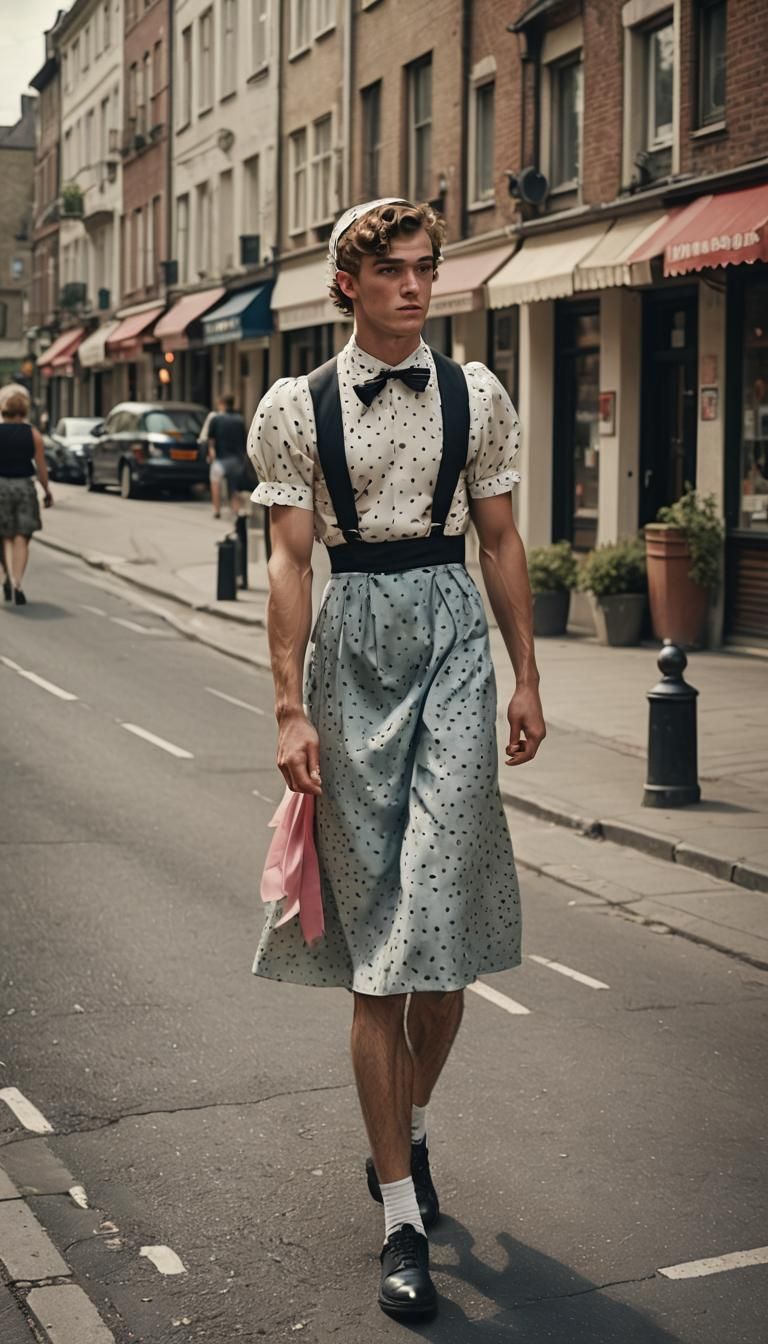 Boy Crossdressed in Polka Dot Dress: Cinematic Still