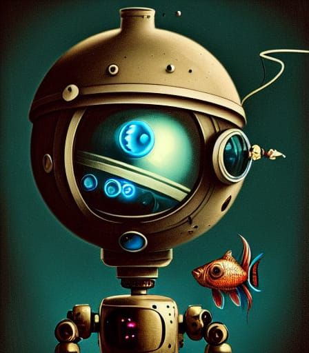 Steampunk Robot with Fishbowl Head: Digital Illustration