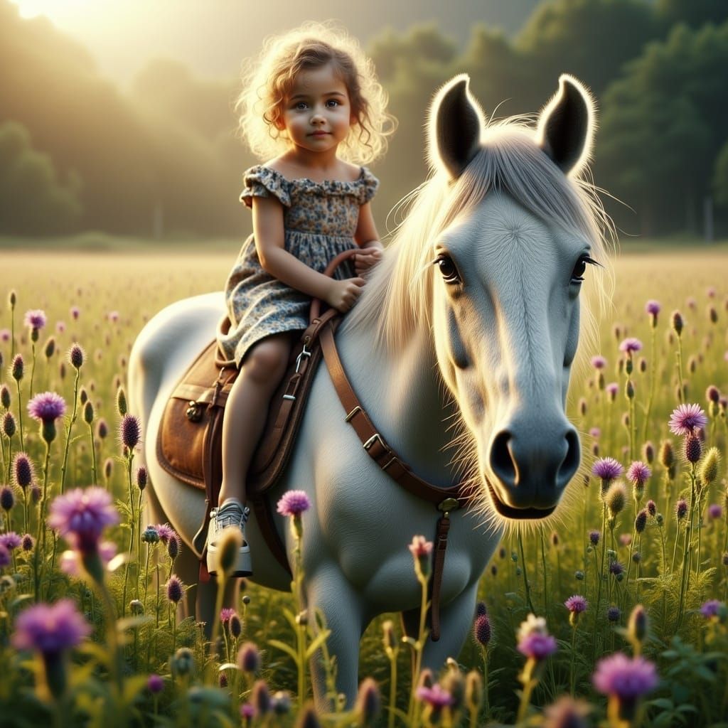 Whimsical Toddler Rides Majestic White Pony in Vibrant Flora...
