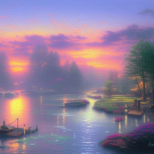 Ethereal Cityscape Sunset Reflected in Misty Water