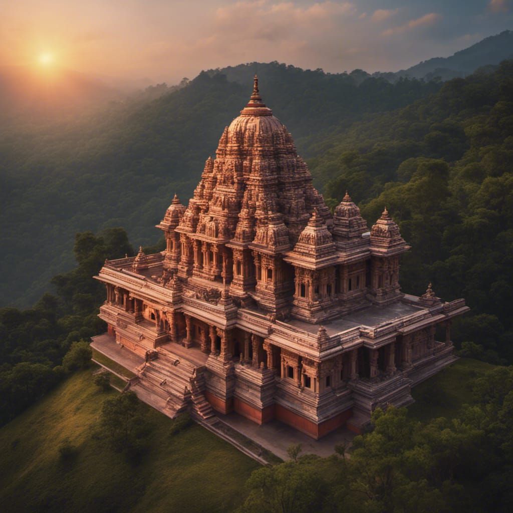 Sunrise View of Indian Hindu Temple on Hills