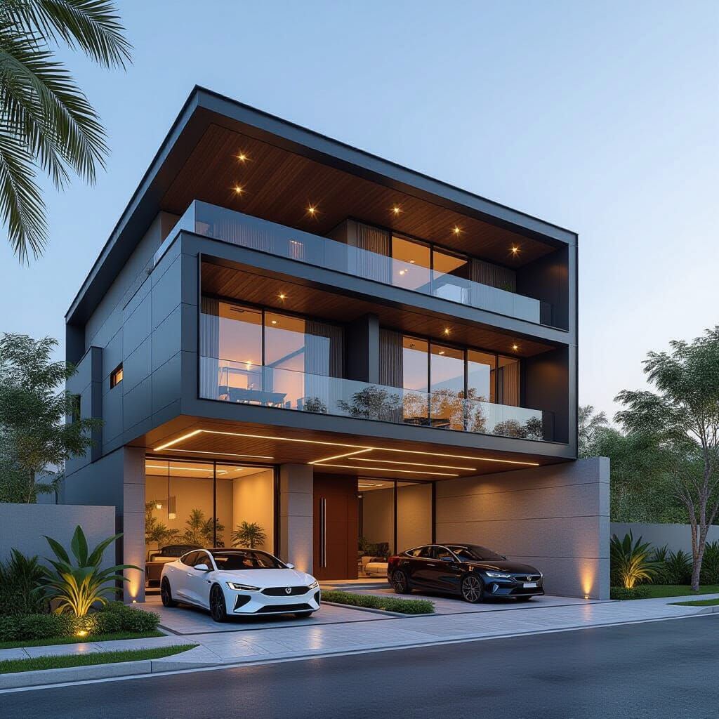 Futuristic Three-Story House with Car Parking in Modern Styl...