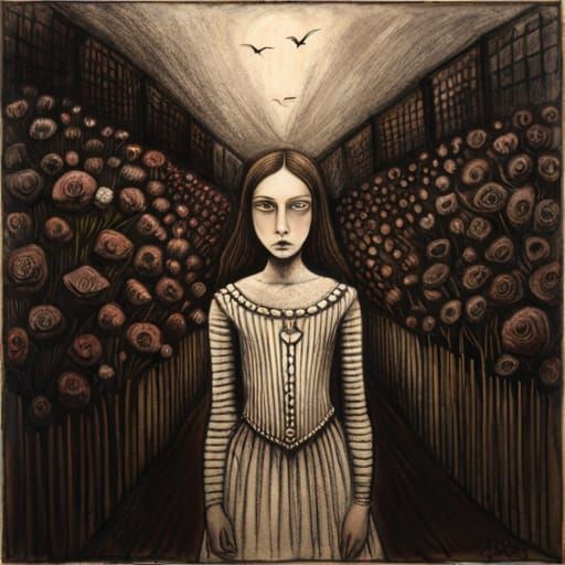 Gothic Girl in Peonies: Abstract Expressionist Horror