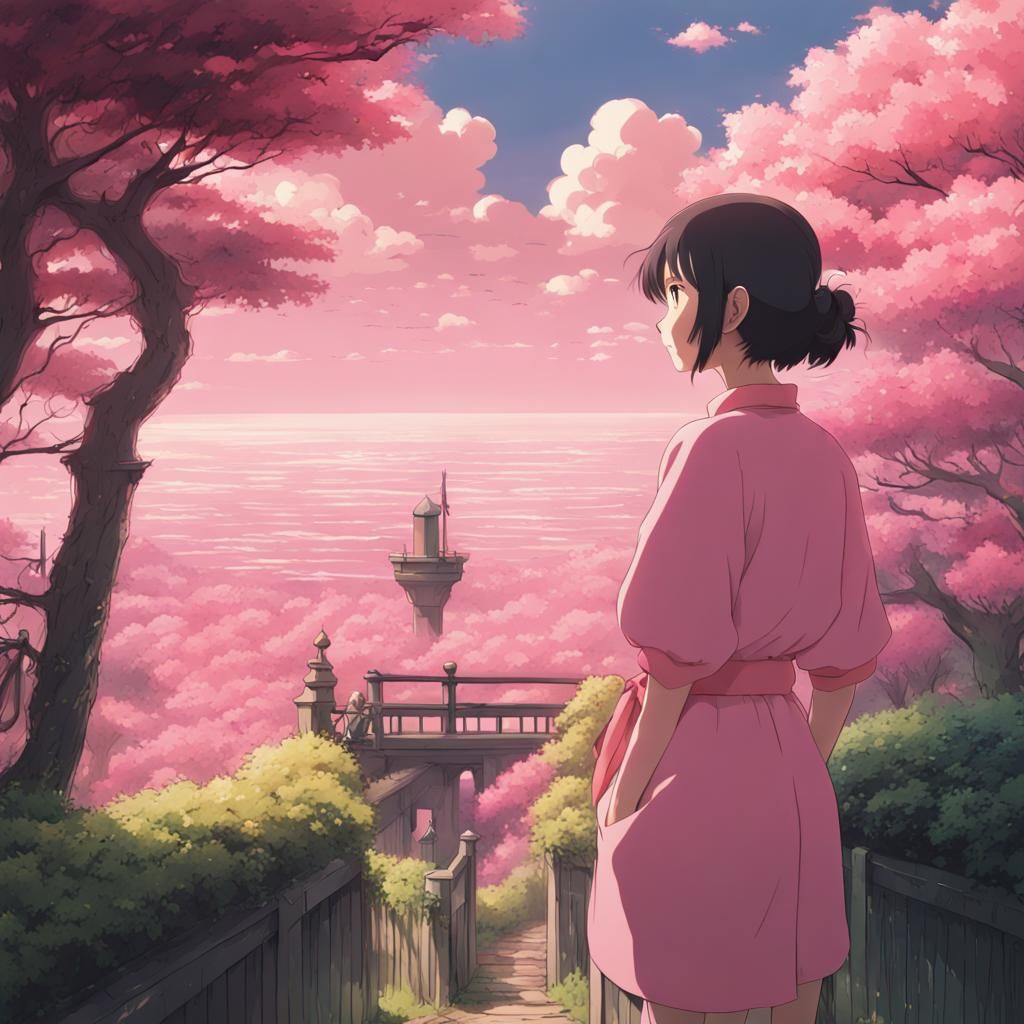 Woman in Pink Outfit: Studio Ghibli Anime Art