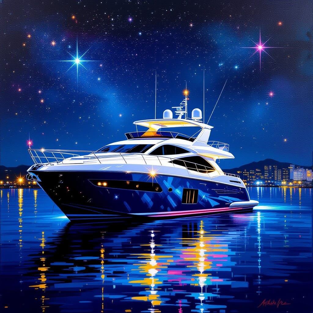 Impasto Yacht at Night: Neon Lights and Stars