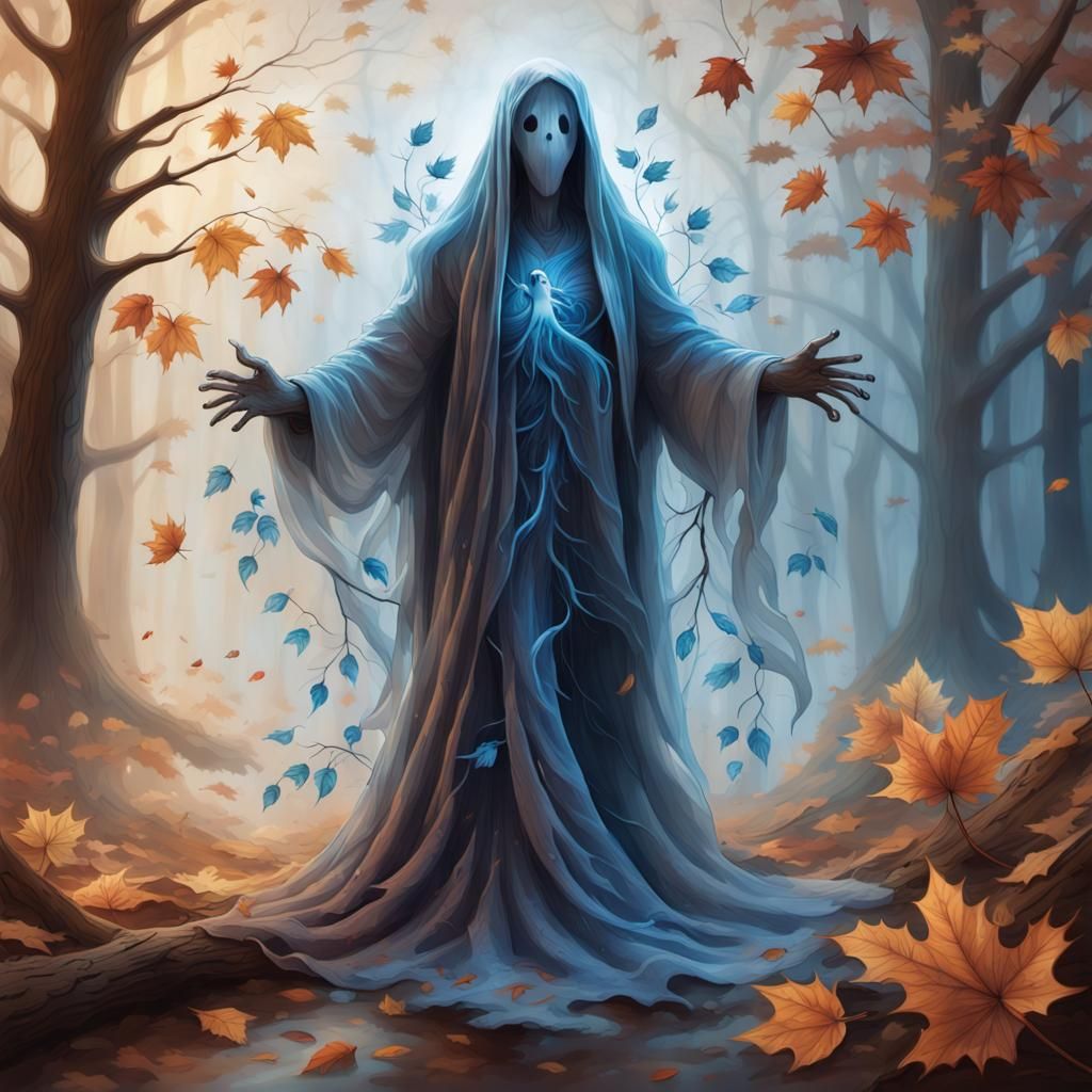 Ethereal Ghost in Forest, Pyrography Style Concept Art