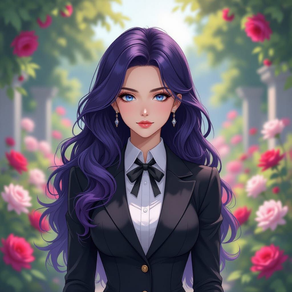 Woman in Black Suit Amidst Pink Flowers, Anime Style