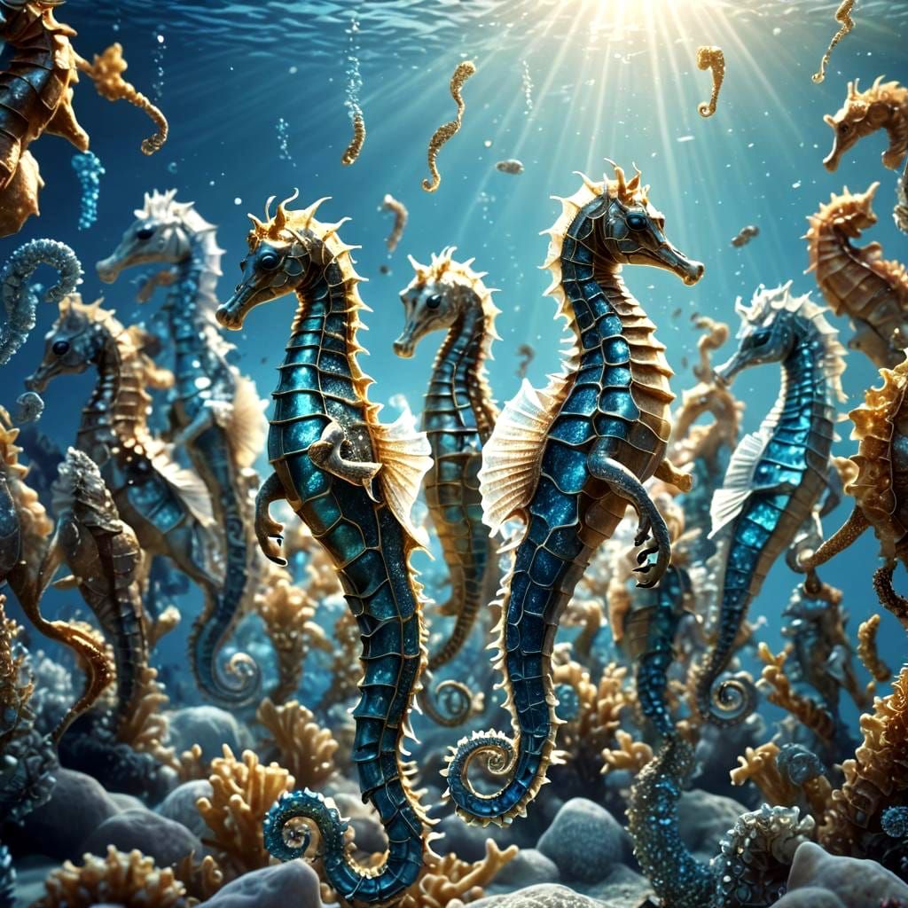 Glittering Ocean: A Multitude of Seahorses