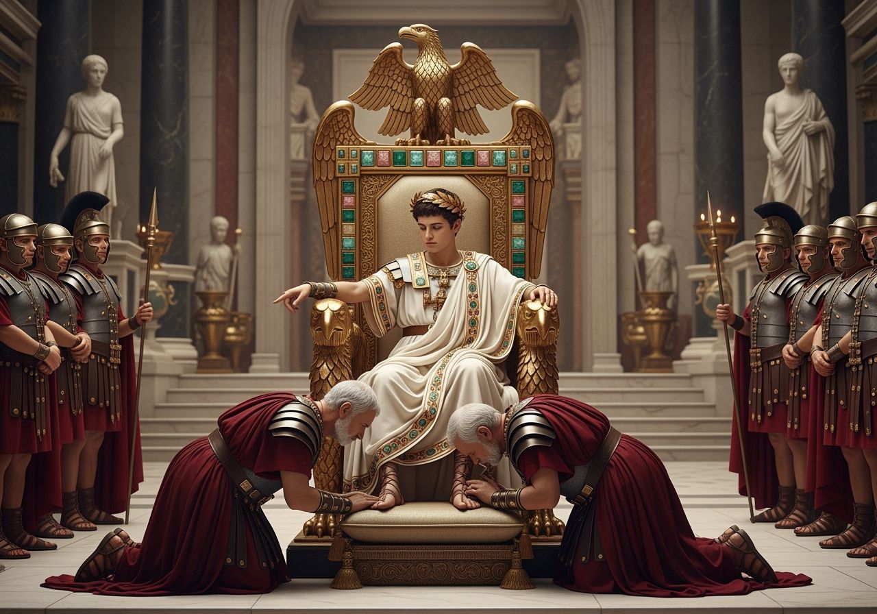 Emperor Nero on Opulent Throne in Lavish Roman Palace