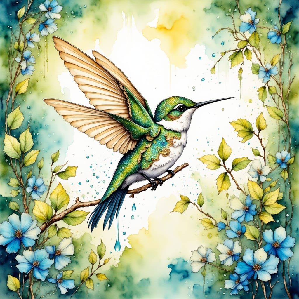 Hummingbird in Watercolor with Magical Details