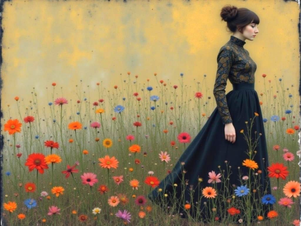 Woman with Floral Background in Art Nouveau Style